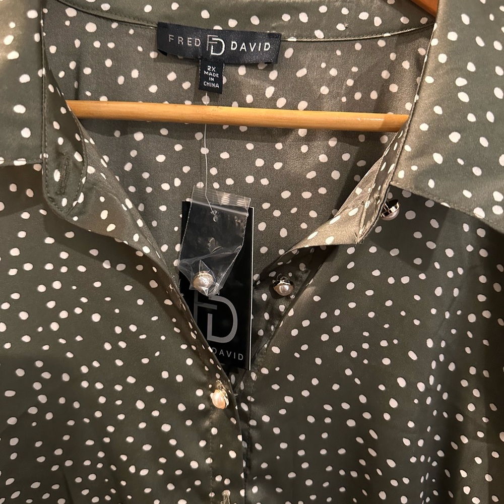 Satin sage/while blouse with pearl accent buttons